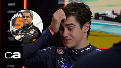 Franco Colapinto lamentándose y una imagen de Juan Pablo Montoya. Franco Colapinto lamentándose y una imagen de Juan Pablo Montoya.