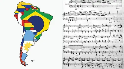 Mapa de Sudamérica y una partirura Mapa de Sudamérica y una partirura