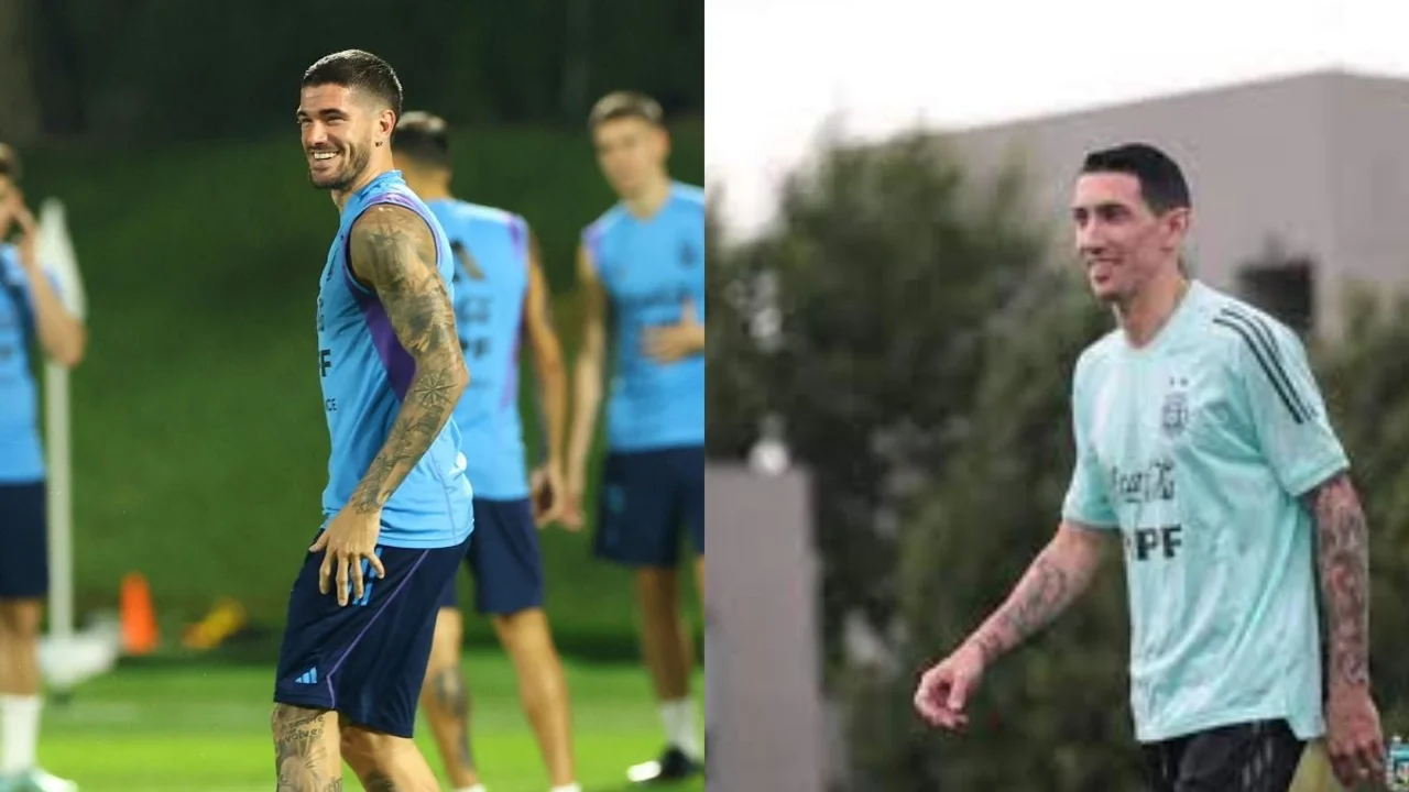 Rodrigo De Paul y Ángel Di María en el entrenamiento de la Selección Argentina