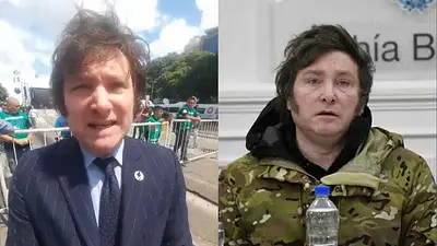 Javier Milei en 2018, cortando la avenida 9 de julio. Javier Milei presidente en 2023, vestido con ropa militar Javier Milei en 2018, cortando la avenida 9 de julio. Javier Milei presidente en 2023, vestido con ropa militar