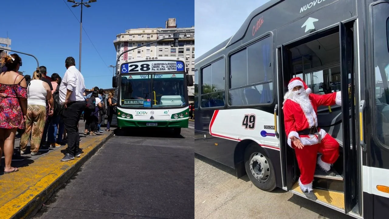 Personas esperando un colectivo y un chofer disfrazado de Papá Noel