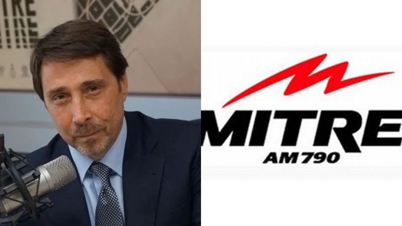 Eduardo Feinmann y el logo de radio Mitre