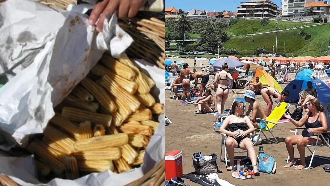 Una canasta con churros y turistas en la playa