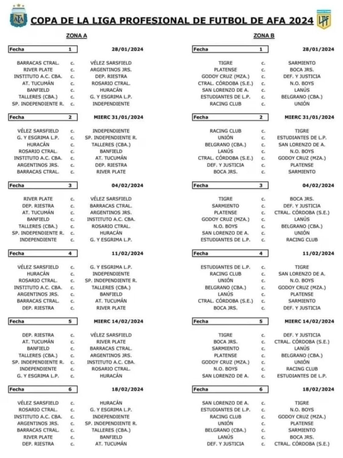 Copa de la Liga Profesional 2024 fixture, fecha de clásicos y días de