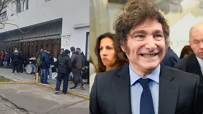 Trabajadores reclamando y Javier Milei Trabajadores reclamando y Javier Milei