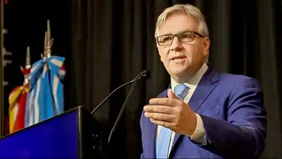 El gobernador Martín Llaryora, durante su discurso en la Bolsa de Comercio. El gobernador Martín Llaryora, durante su discurso en la Bolsa de Comercio.