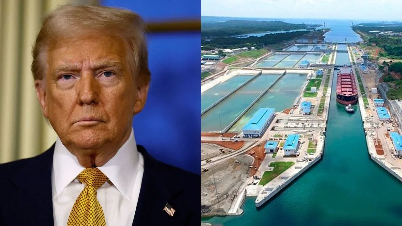 Donald Trump y una foto del canal de Panamá