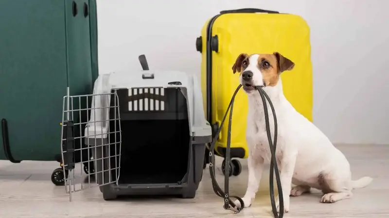 Perro junto a transportín.