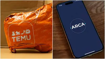 Paquete de Temu y el logo de ARCA en un celular Paquete de Temu y el logo de ARCA en un celular